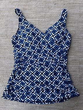 Lands End Navy White Geometric Moroccan Print Tankini Top size 10
